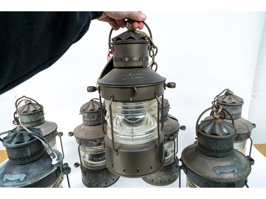 Set Of Seven Antique Metal Ships Oil Lanterns By Anchor