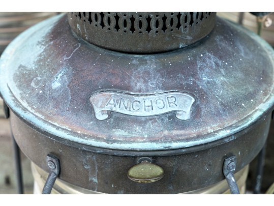 Set Of Seven Antique Metal Ships Oil Lanterns By Anchor