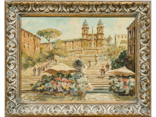 Signed Vintage Oil On Artist Board, The Spanish Steps Rome