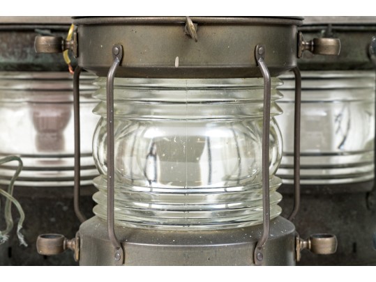 Set Of Seven Antique Metal Ships Oil Lanterns By Anchor