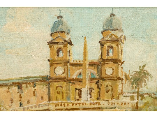 Signed Vintage Oil On Artist Board, The Spanish Steps Rome
