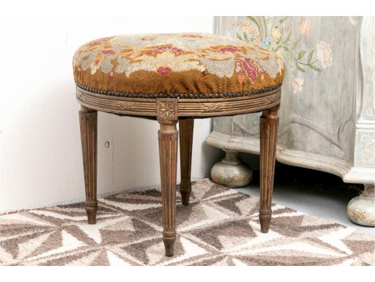 Antique Round Needlepoint Bench With Nailheads On Fluted Legs