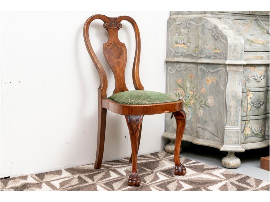Antique Queen Anne Chair With Inlaid Urn Form Splat, Paw Feet