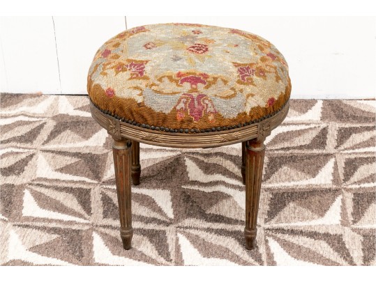 Antique Round Needlepoint Bench With Nailheads On Fluted Legs