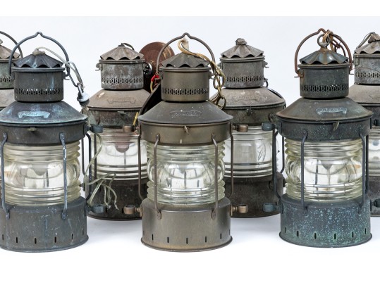 Set Of Seven Antique Metal Ships Oil Lanterns By Anchor