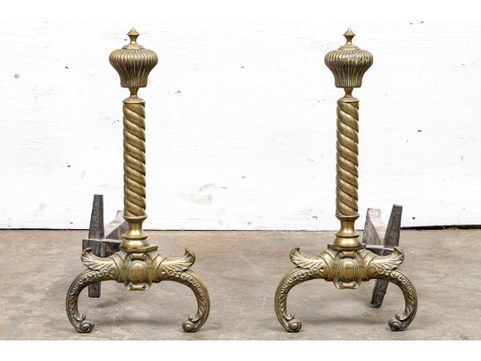 Pair Of Fine Antique Brass Andirons