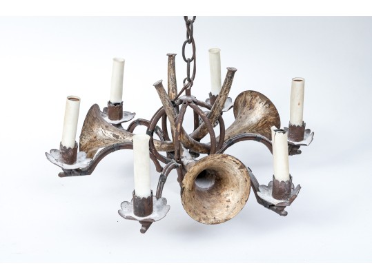 Quality Vintage Tole Chandelier With Musical Horn Shaped Lights, Probably Made In Italy