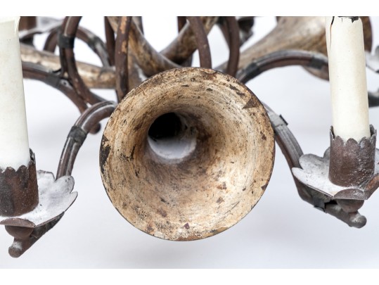 Quality Vintage Tole Chandelier With Musical Horn Shaped Lights, Probably Made In Italy