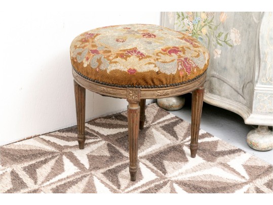 Antique Round Needlepoint Bench With Nailheads On Fluted Legs
