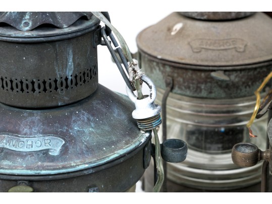 Set Of Seven Antique Metal Ships Oil Lanterns By Anchor
