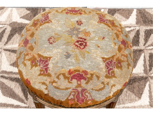 Antique Round Needlepoint Bench With Nailheads On Fluted Legs