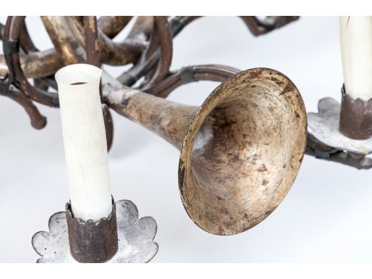 Quality Vintage Tole Chandelier With Musical Horn Shaped Lights, Probably Made In Italy