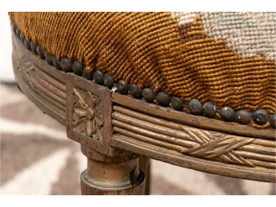 Antique Round Needlepoint Bench With Nailheads On Fluted Legs