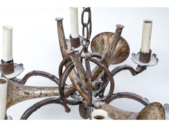 Quality Vintage Tole Chandelier With Musical Horn Shaped Lights, Probably Made In Italy