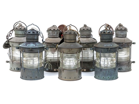 Set Of Seven Antique Metal Ships Oil Lanterns By Anchor