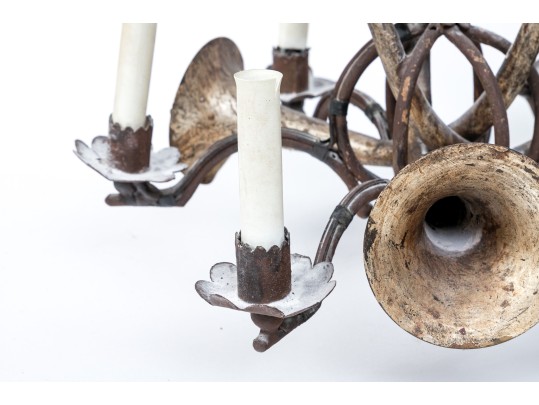 Quality Vintage Tole Chandelier With Musical Horn Shaped Lights, Probably Made In Italy