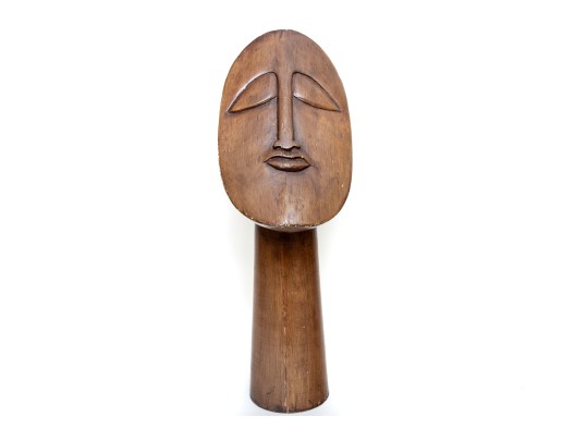 Modernist Carved Wood Buddha Bust 