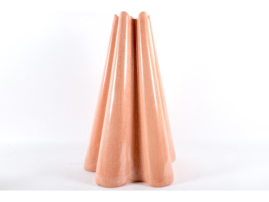 Salmon-Pink Ruffled Ceramic Crackle Floor Vase