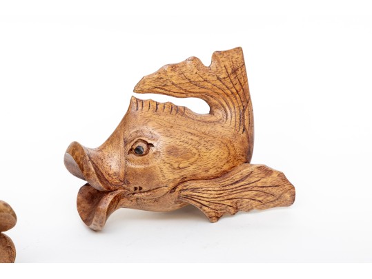 Mid Century Folk Art Teak Fish Sculptures