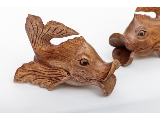 Mid Century Folk Art Teak Fish Sculptures