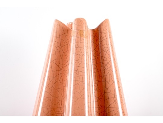 Salmon-Pink Ruffled Ceramic Crackle Floor Vase