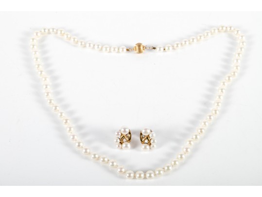 14k Yellow Gold Cultured Pearl Necklace And Earrings