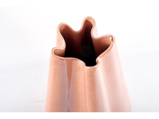 Salmon-Pink Ruffled Ceramic Crackle Floor Vase