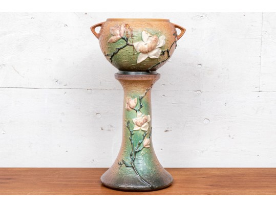 Large Roseville Magnolia Orange Bowl #665-8 On Pedestal Stand