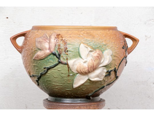 Large Roseville Magnolia Orange Bowl #665-8 On Pedestal Stand
