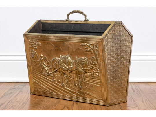 Vintage 40s English Embossed Brass Wood Magazine Rack With Farmer & Horses