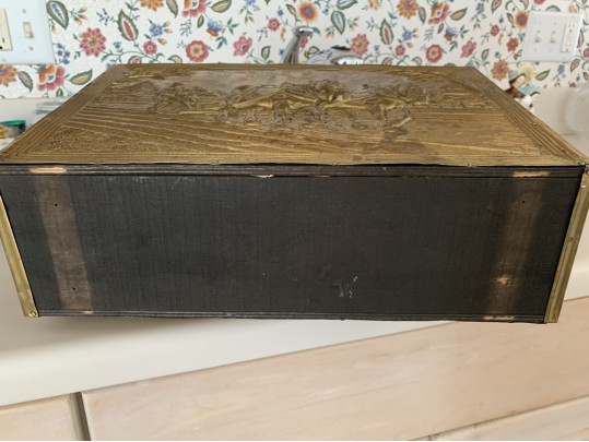 Vintage 40s English Embossed Brass Wood Magazine Rack With Farmer & Horses