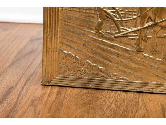 Vintage 40s English Embossed Brass Wood Magazine Rack With Farmer & Horses