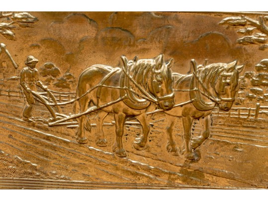 Vintage 40s English Embossed Brass Wood Magazine Rack With Farmer & Horses