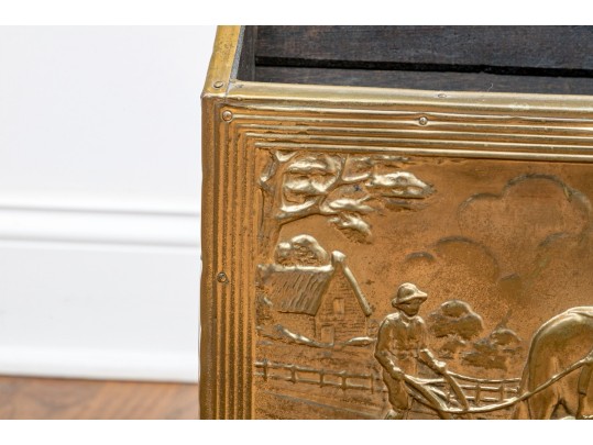 Vintage 40s English Embossed Brass Wood Magazine Rack With Farmer & Horses