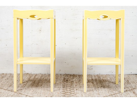 Pair Of Vintage Tiered Wood Stands In Yellow Paint