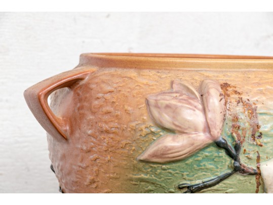 Large Roseville Magnolia Orange Bowl #665-8 On Pedestal Stand