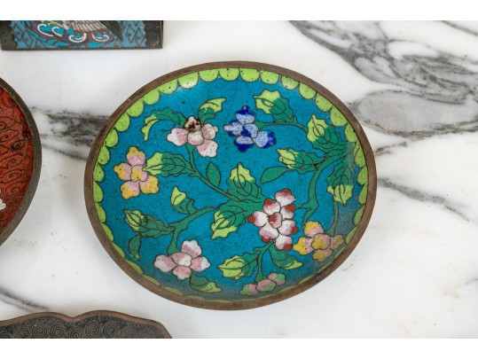 Collection Of Four Chinese Cloisonne Enameled Dishes With Matchbox Case, 20th C. 