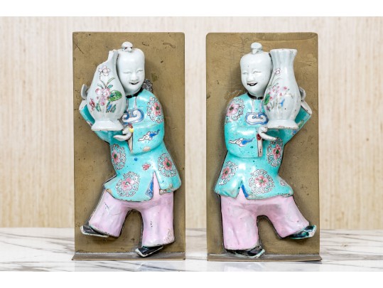 Pair Of Chinese Famille Rose Porcelain Mounted Brass Bookends
