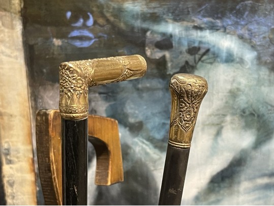 Tall Vintage Brass Container With Antique Canes And Umbrellas