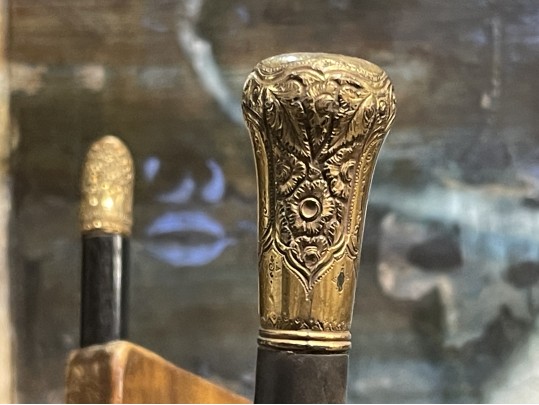 Tall Vintage Brass Container With Antique Canes And Umbrellas