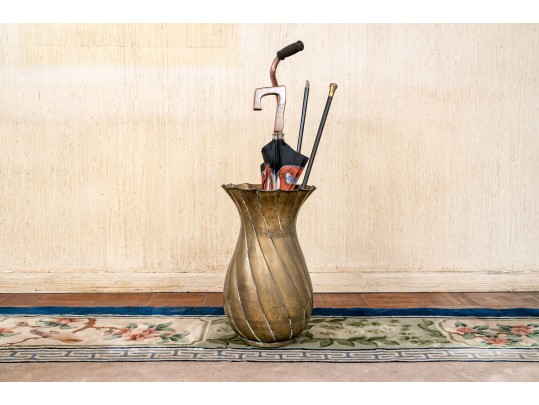 Tall Vintage Brass Container With Antique Canes And Umbrellas