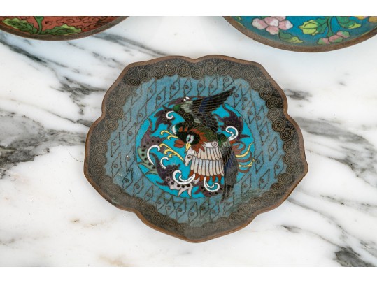 Collection Of Four Chinese Cloisonne Enameled Dishes With Matchbox Case, 20th C. 