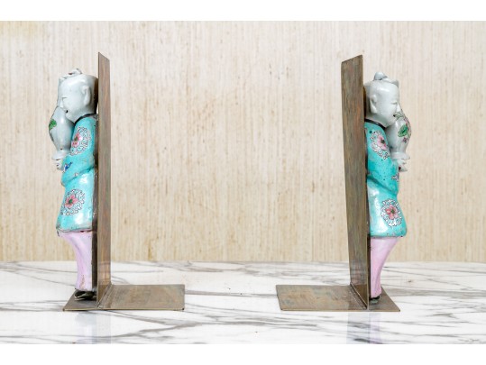 Pair Of Chinese Famille Rose Porcelain Mounted Brass Bookends