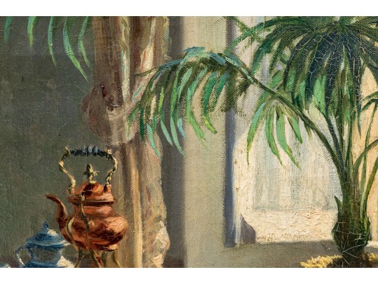 Henri Duverne (France, 20th C.) Oil On Canvas, Tea In The Sun Room 