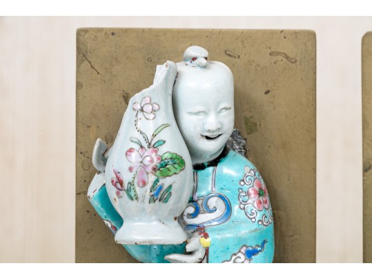 Pair Of Chinese Famille Rose Porcelain Mounted Brass Bookends