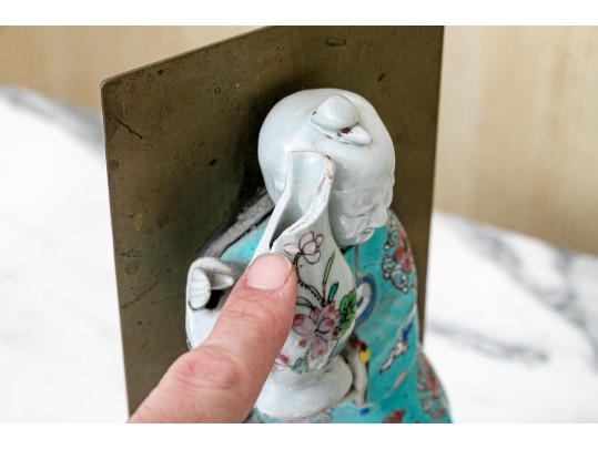 Pair Of Chinese Famille Rose Porcelain Mounted Brass Bookends