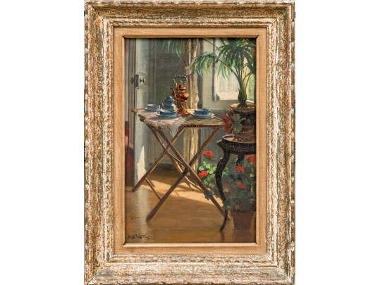 Henri Duverne (France, 20th C.) Oil On Canvas, Tea In The Sun Room 