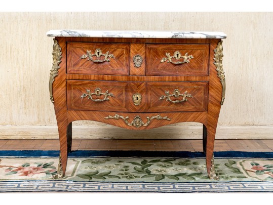 Vintage Parquetry French Style Marble Top Chest Of Drawers