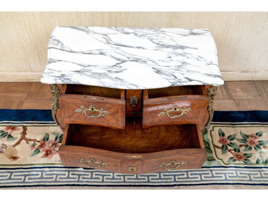 Vintage Parquetry French Style Marble Top Chest Of Drawers