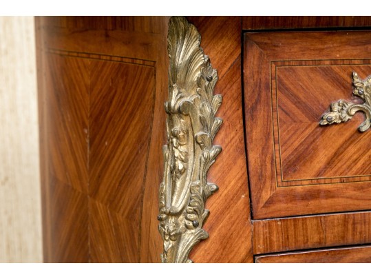Vintage Parquetry French Style Marble Top Chest Of Drawers